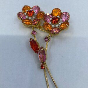 Vtg pink orange rhinestone flowers brooch